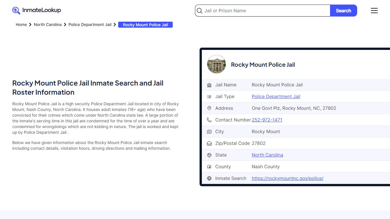 Rocky Mount Police Jail Inmate Search - Inmate Lookup